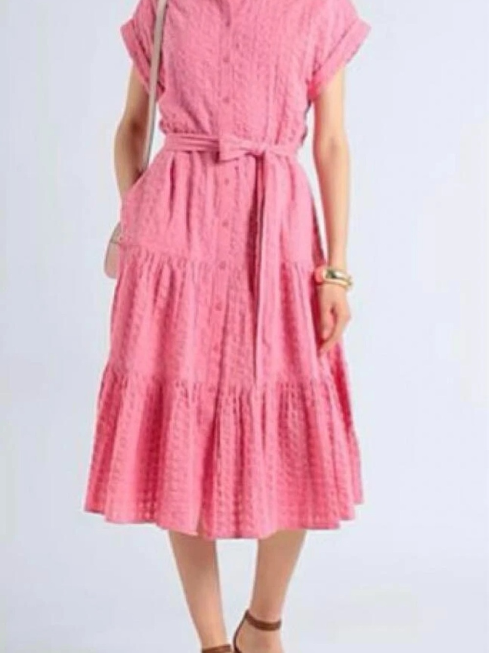 Lauren Ralph Lauren Vilma Pink Tiered Midi Dress with Self-Tie Belt